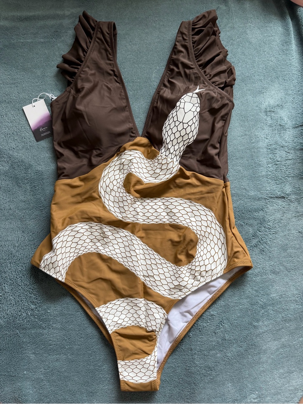 Averie Brown & Mustard One-Piece Swimsuit with White Snake Print